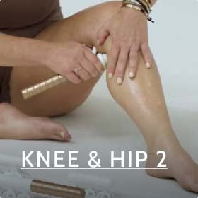 Thumbnail from the knee and hip tutorial part 2, showing techniques for FasciaBlaster use on the knee and hip fascia.